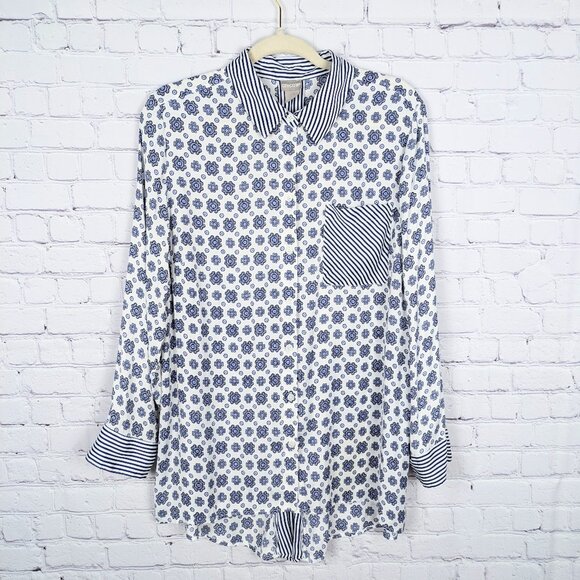 Chico's Blouse Womens Size 2 Blue Polyester Button-Up Stripe Collared Hi Low Top - Picture 1 of 16